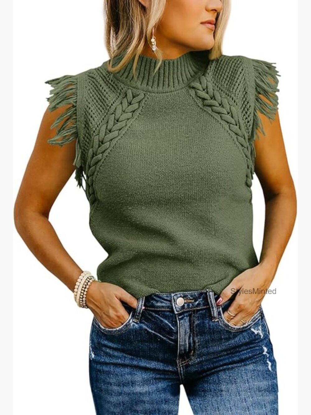 Sleeveless Sweater Vest Mock Neck Cable Knit Fringe Boho Pullover Tank